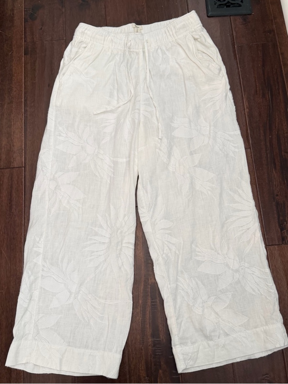 Joie 100% Linen Wide Leg Pants White Floral Embroidery Drawstring Waist Size L